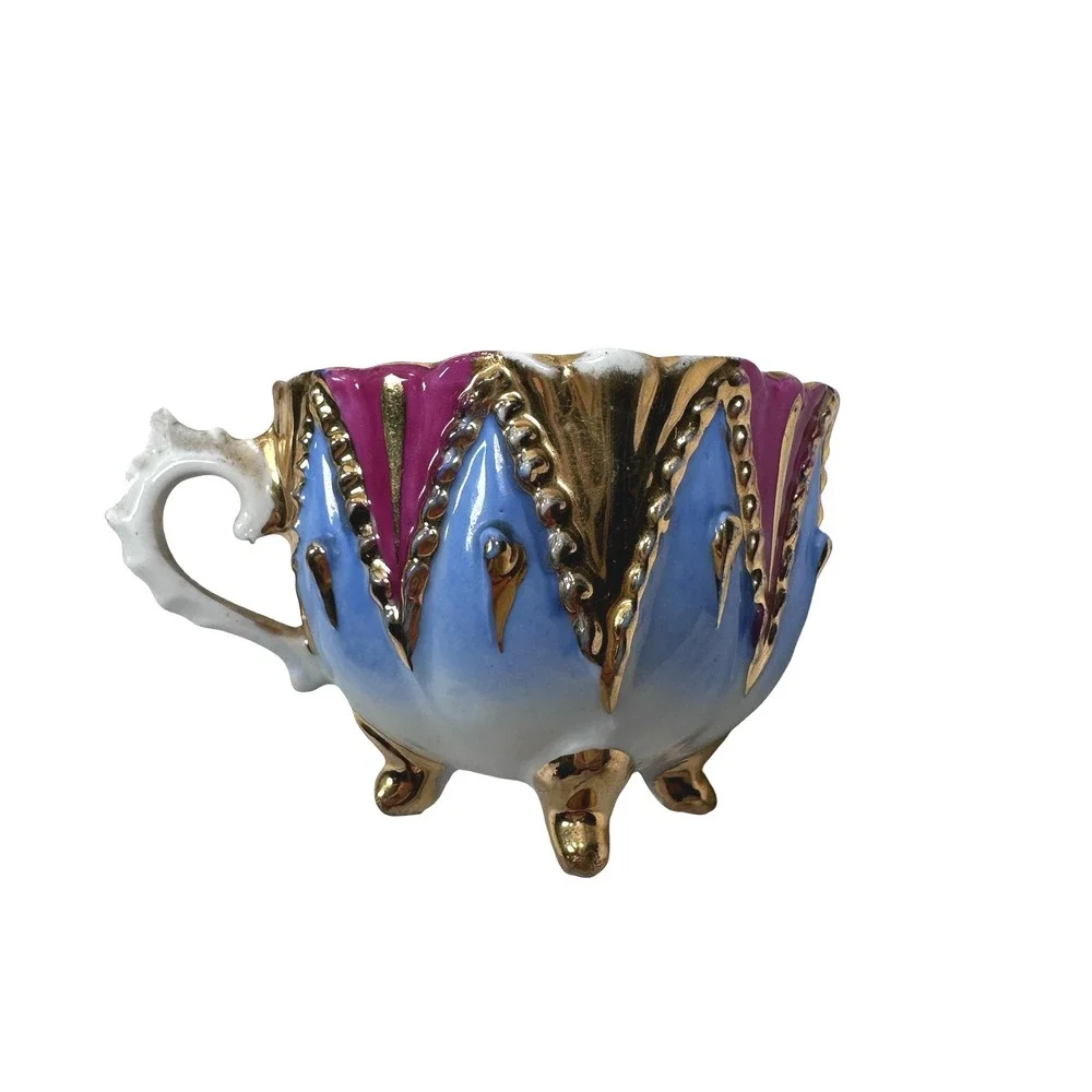 Vintage Porcelain Footed Demitasse 2 Cups Pink Blue Gold Victorian Style Lot 2